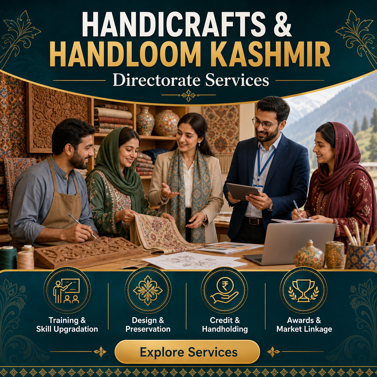 Directorate of Handicrafts and Handloom Kashmir service team poster for training, design, credit, and awards support